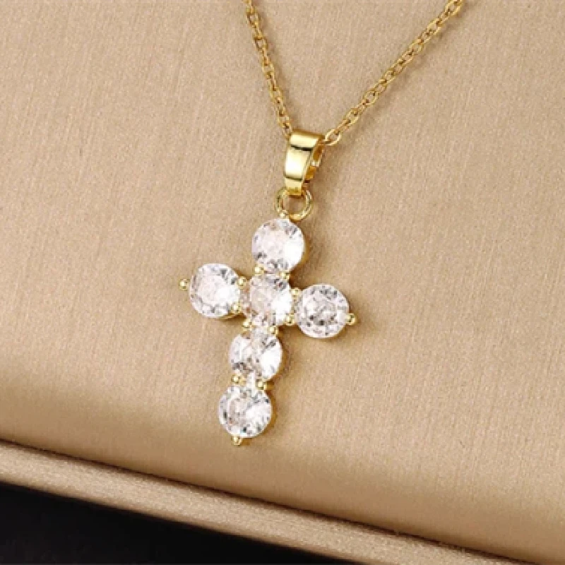 1 Pcs Luxury Cool Wind Cross Gold Plated Copper Pendant With Stainless Steel Chain Combination Of Collarbone Necklace