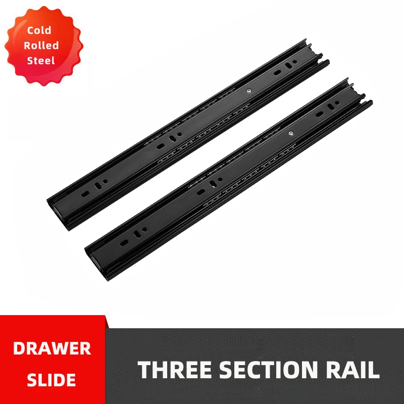 

Drawer Track Rail Black Cold Rolling Steel Drawers Slide Three Section Slides 8 to 20 Inch 3 Way Sliding Tracks