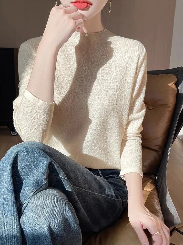 Primavera 2025 feminino pesado bordado longo sve f gola alta base irt sli malhas roupa interior commute sle