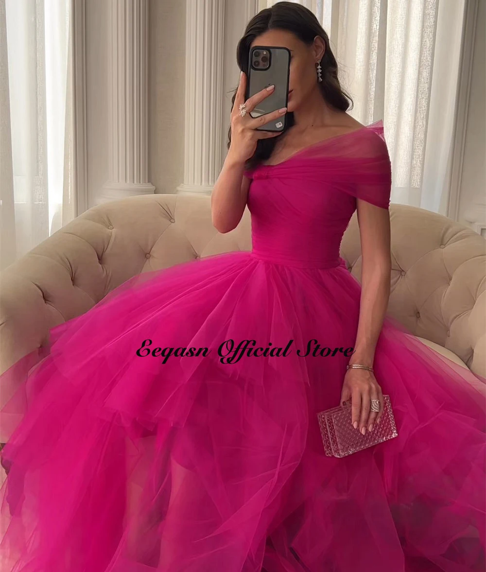 A-line Asymmetrical Tulle Evening Dresses Customized Tea Length Fuchsia Party Pageant Gown Women Prom Event Long Dress