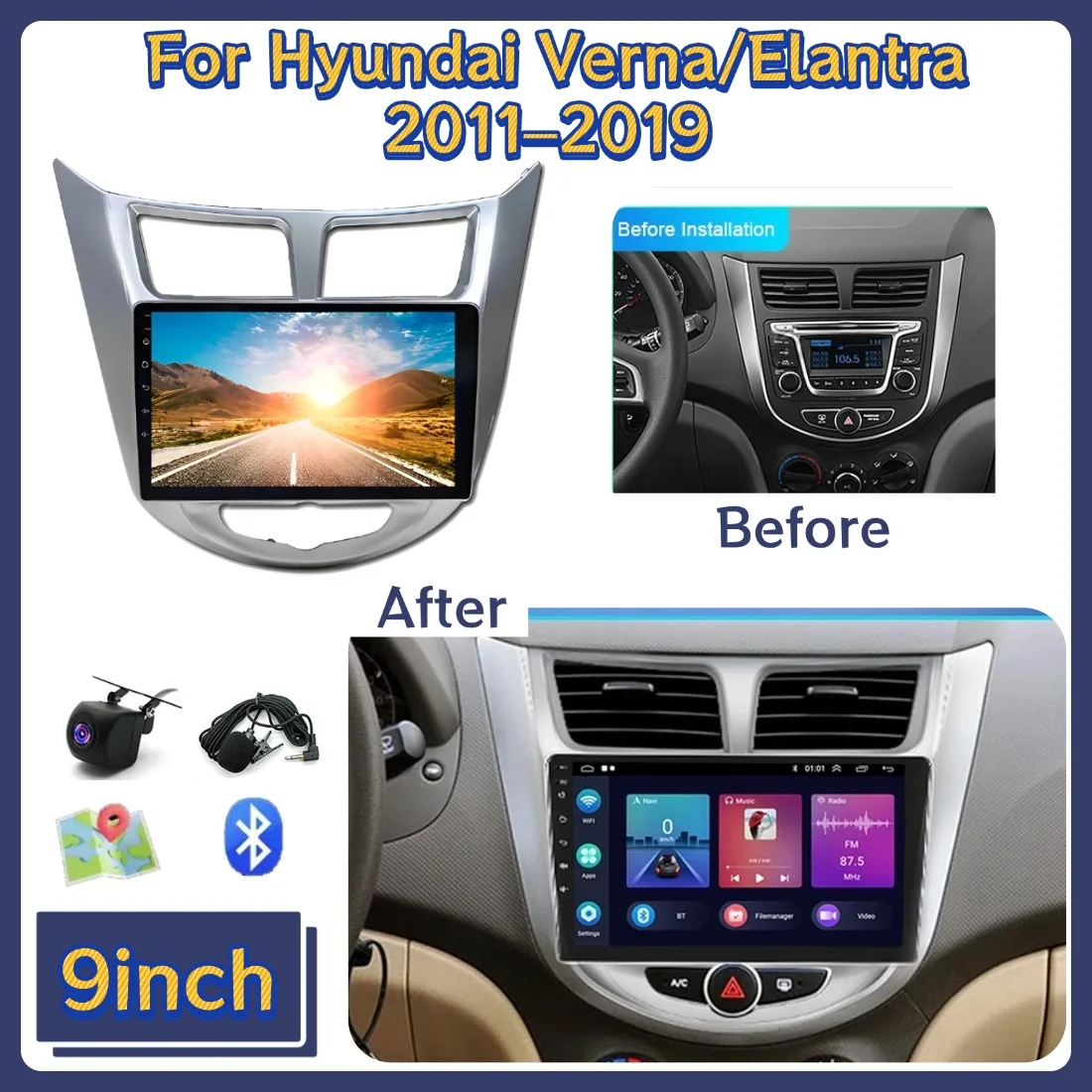 9in 2+64G Car Stereo Radio For Hyundai Verna/Elantra models 2011–2019 Android 13 For Carplay GPS Navigation Head Unit Bluetooth