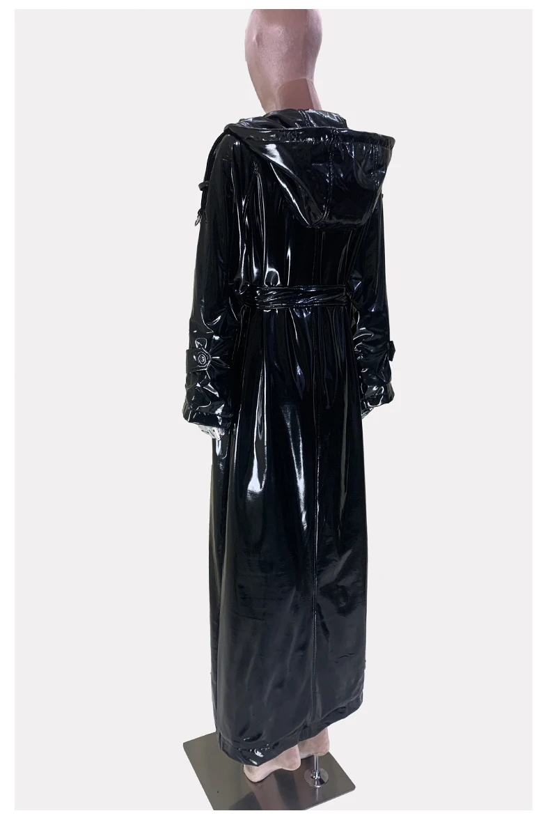 Nerazzurri Autumn Extra Long Shiny Black Soft Patent Pu Leather Trench Coat for Women with Hood Double Breasted European Fashion