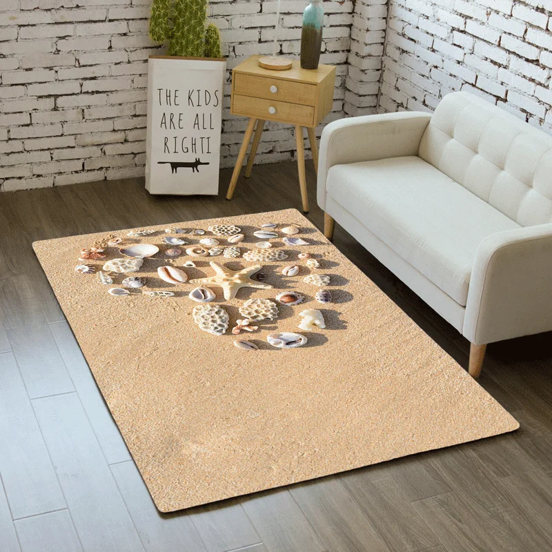 Coastal Theme Rectangular Rug Various Sea Shells Starfish Sandy Beach Pattern Soft Non Slip Carpet for Living Room Bedroom Decor