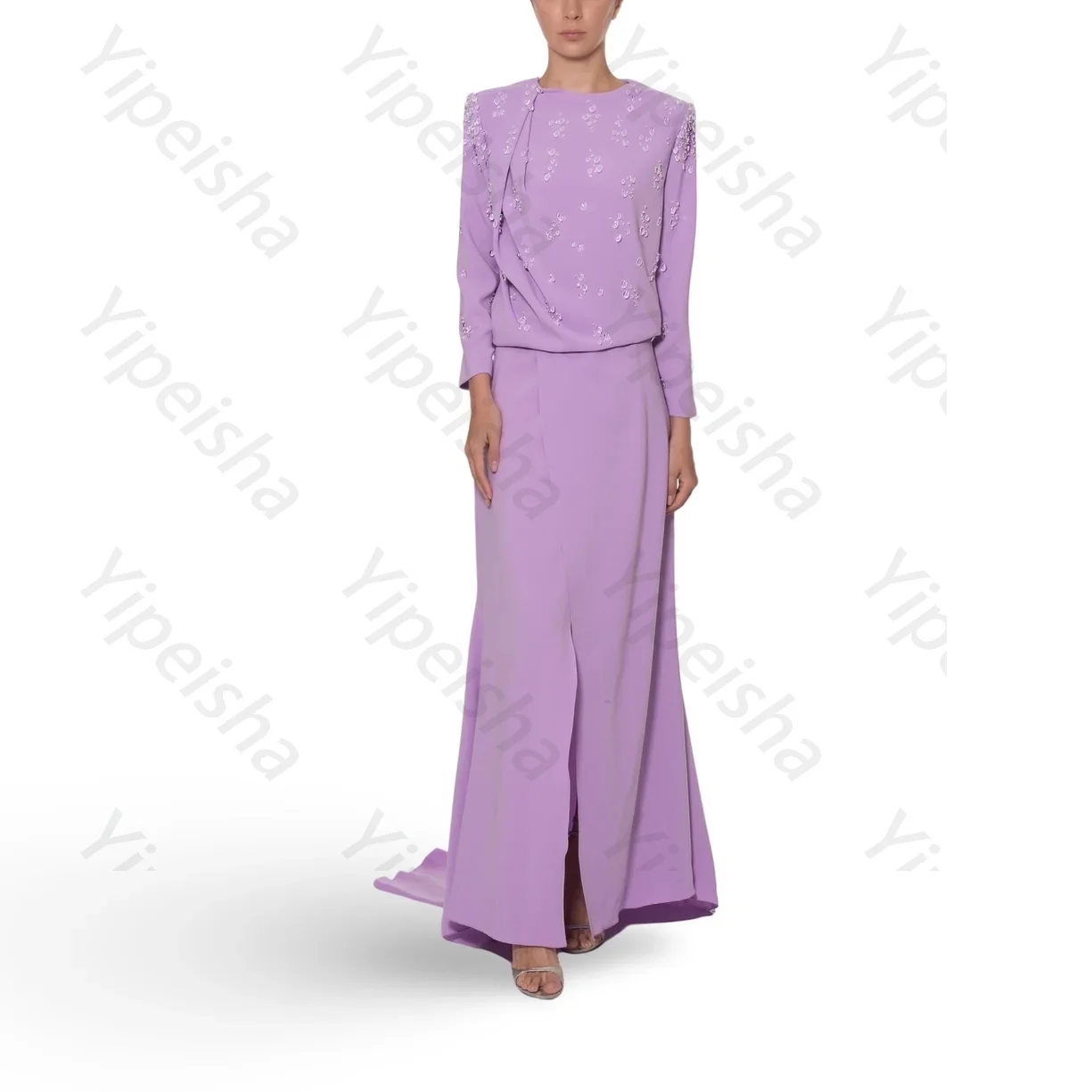 

Customized High Quality Purple Crepe Elegant Evening Dresses for Floor-Length O-Neck A-Line with Beadings for Formal Party Dress