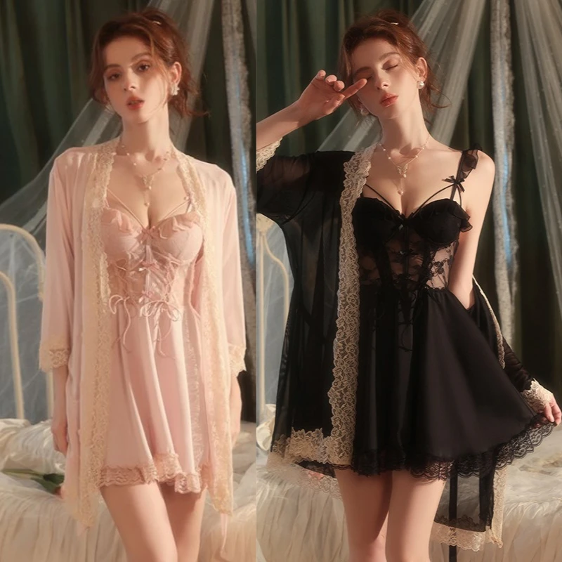 

Two Piece Sleepwear Mesh Lace Kimono Gown Suit Summer Women Bathrobe Nightgown Female Rayon Robe Set Nightdress Loungewear
