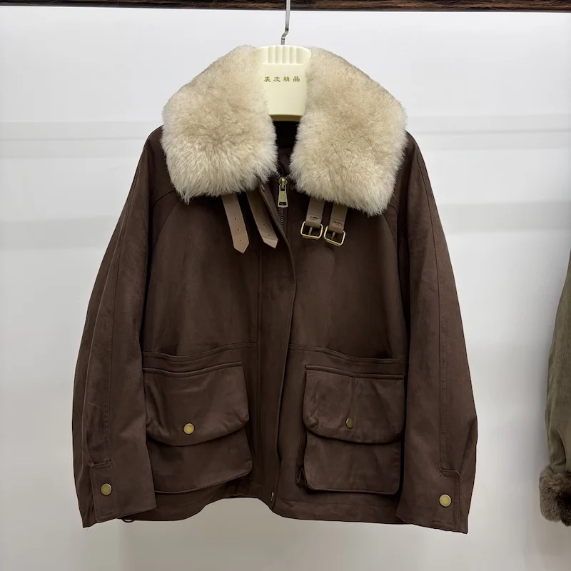 Women Oversized Loose Parka Real Shearling Fur Collar Goose Down Liner Winter Coat Big Pockets Drawstring Hem Warm Outerwear - view 3