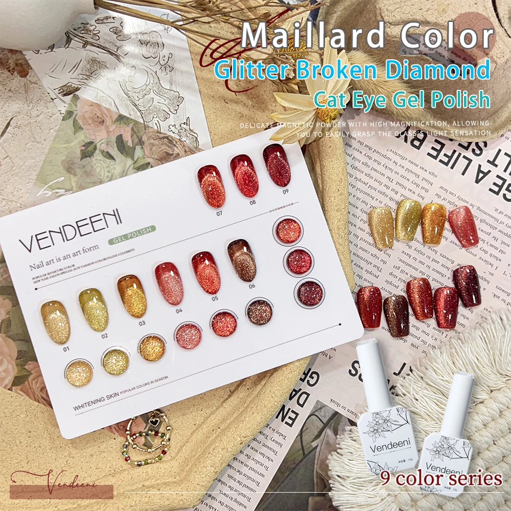 Vendeeni 9 Colors Ice Crystals Broken Diamond Cat Eye Gel Nail Polish Glitter Magnetic UV Gel Varnish Maillard Brown Gel Lacquer