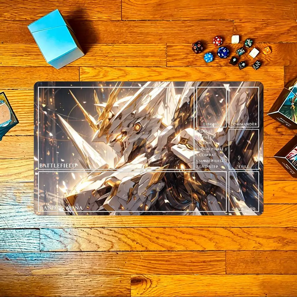 Shiny White Golden Anime Mecha Warrior TCG Playmat 35X60CM Three Templates Available Large Stitched Non-Slip Card Duel Desk Mat
