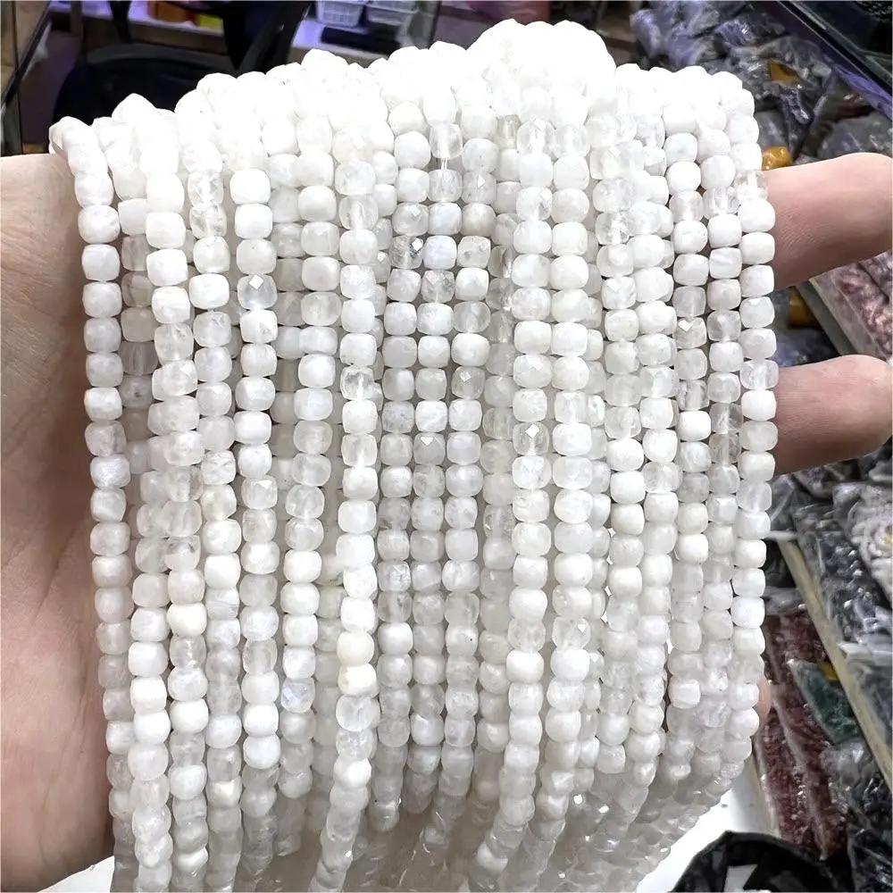 Natural White Moon Stone Faceted Cube Cut Stone Loose Spacer Beads Strands Jewelry Making Accessories DIY Cylindrical Bead
