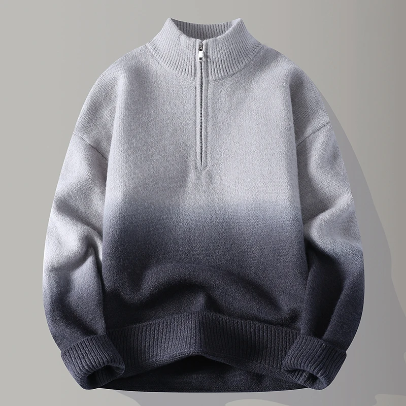 

Мужской вязаный свитер с молнией, высоким воротником, градиентной расцветкой, повседневный, премиум-качества, из мягкого полиэфирного волокна, с длинными рукавами