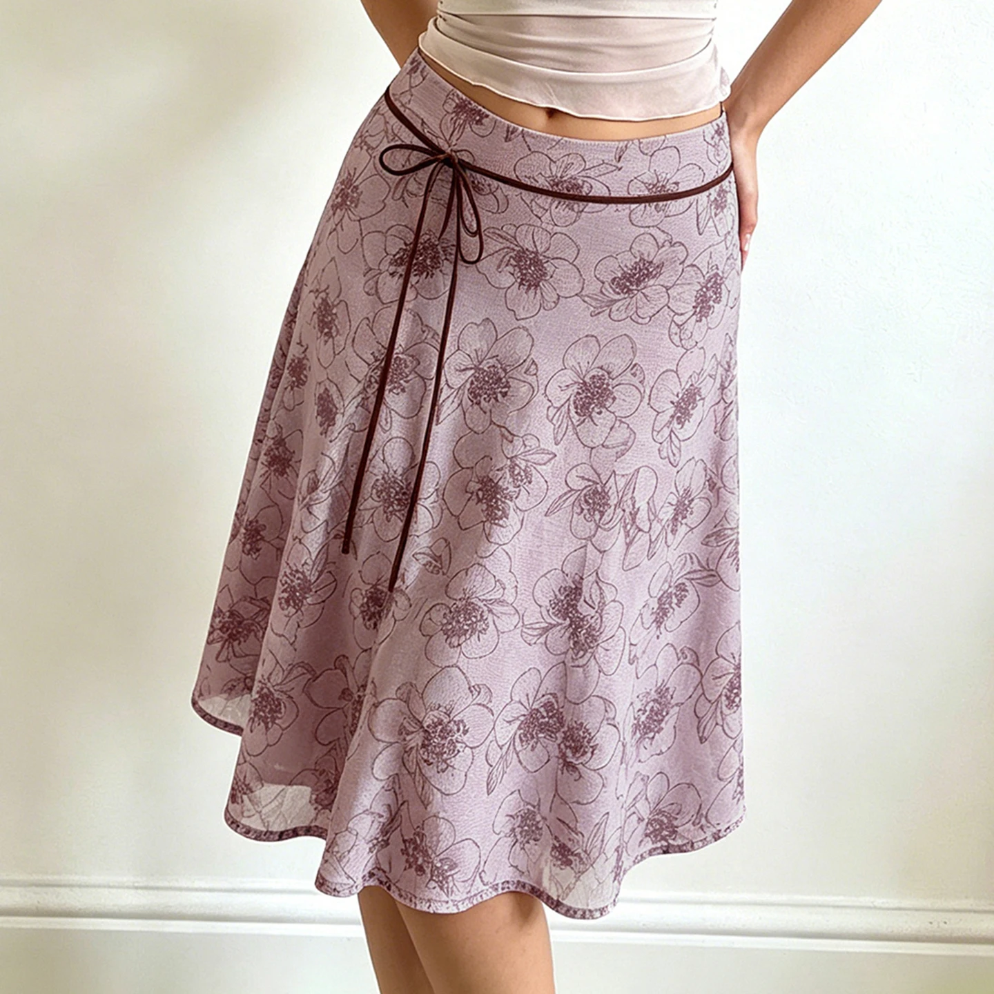 SUCHCUTE Vintage Doodle Floral Midi Skirt Contrast Ribbon Tie Waist Flowy A-line Swing Mid Length Skirt Women Holiday Bottoms image 2