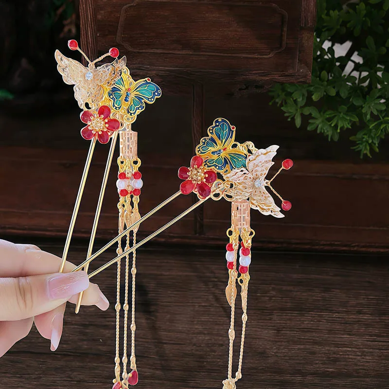 

Hanfu headwear, enamel butterfly flower hairpin, women's ancient-style tassel hair accessory, hairpin, hairpin