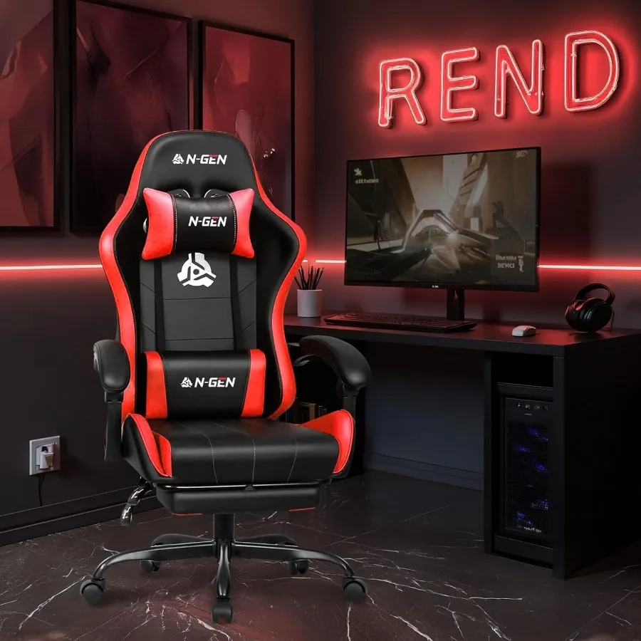 كرسي ألعاب الفيديو مع مسند للقدمين لدعم قطني للمكتب المنزلي، كرسي عالي الظهر قابل للتعديل، مريح من الجلد