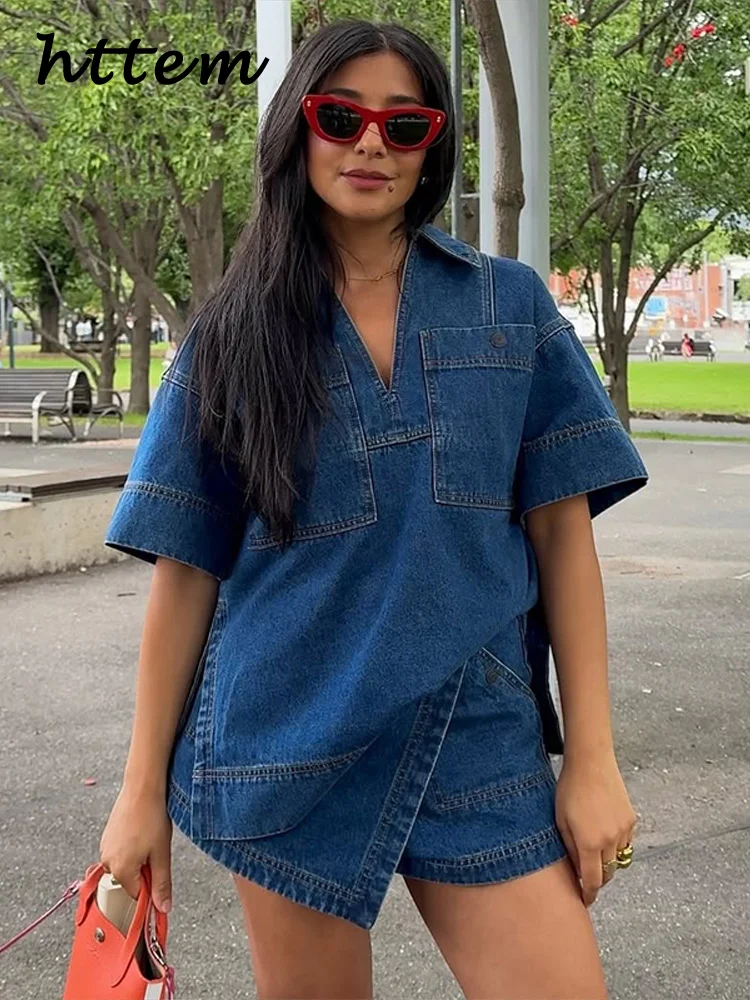 女性のためのエレガントなルーズデニムシャツとスカートのセット,Vネック,半袖,ポケット,非対称ミニスカート,女性のためのモノクロのストリートスーツ,2025
