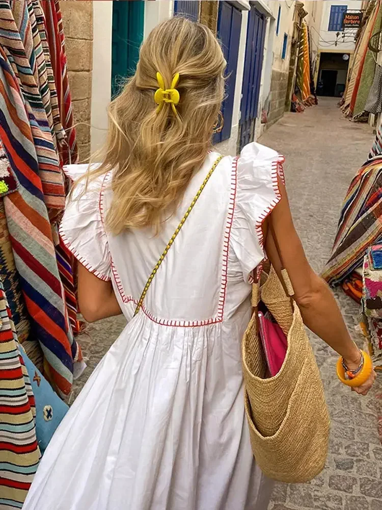 Women Loose Printed Flying Sleeve Dress Women Fashion V-neck Ruffles Hem Long Dresses 2024 New Summer Female Holiday Robes 