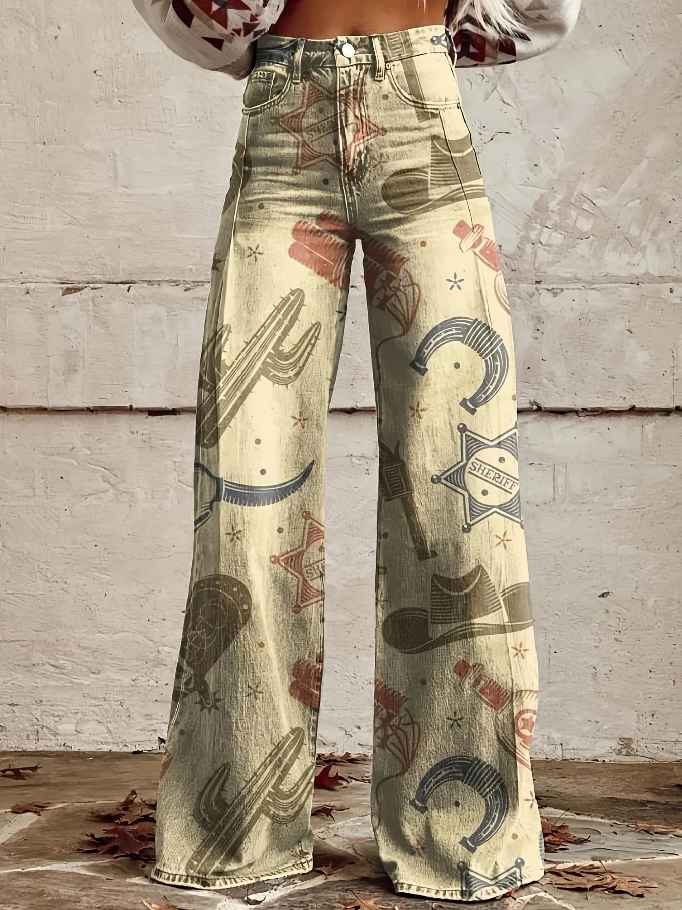 

Women Wide Leg Loose Jeans 3D Printed Retro Denim Pants
