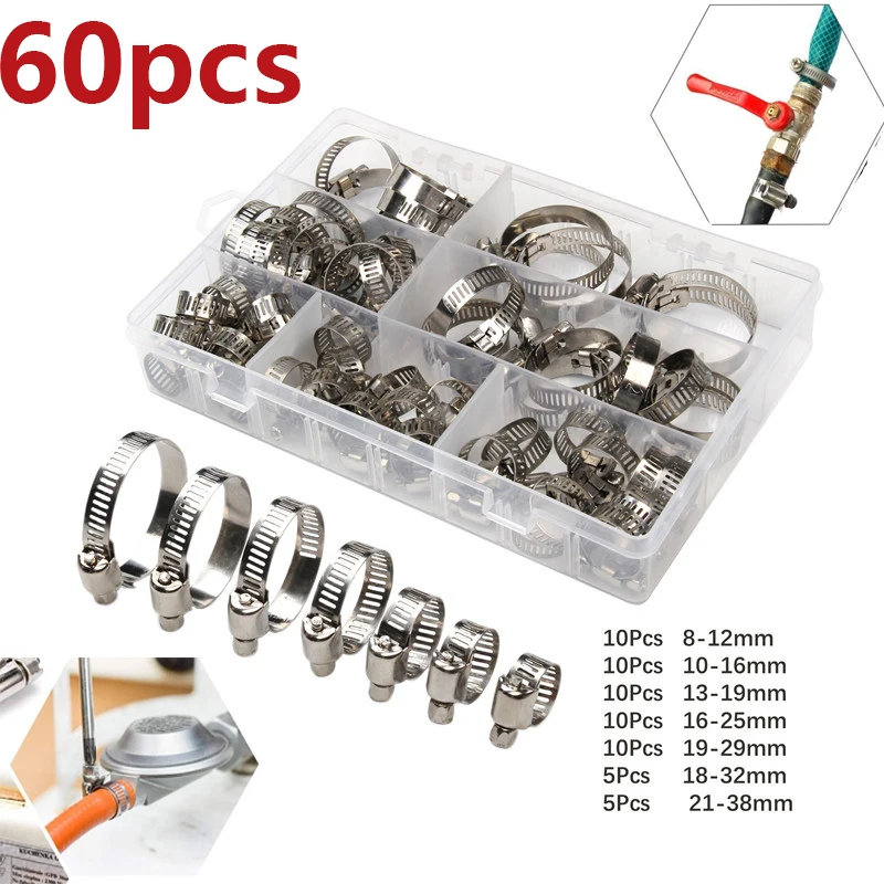 

60PCS/Set Stainless Steel Hoop Clamp Hose Clamp 8mm-38mm Automotive Pipe Hose Clamp Tube Clip Hardware