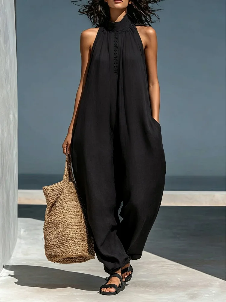 

Yeezzi Women's Minimalist Solid Color High Neck Sleeveless Jumpsuit Fashion Pockets Loose Casual Summer Cool Jumpsuits 2026 New