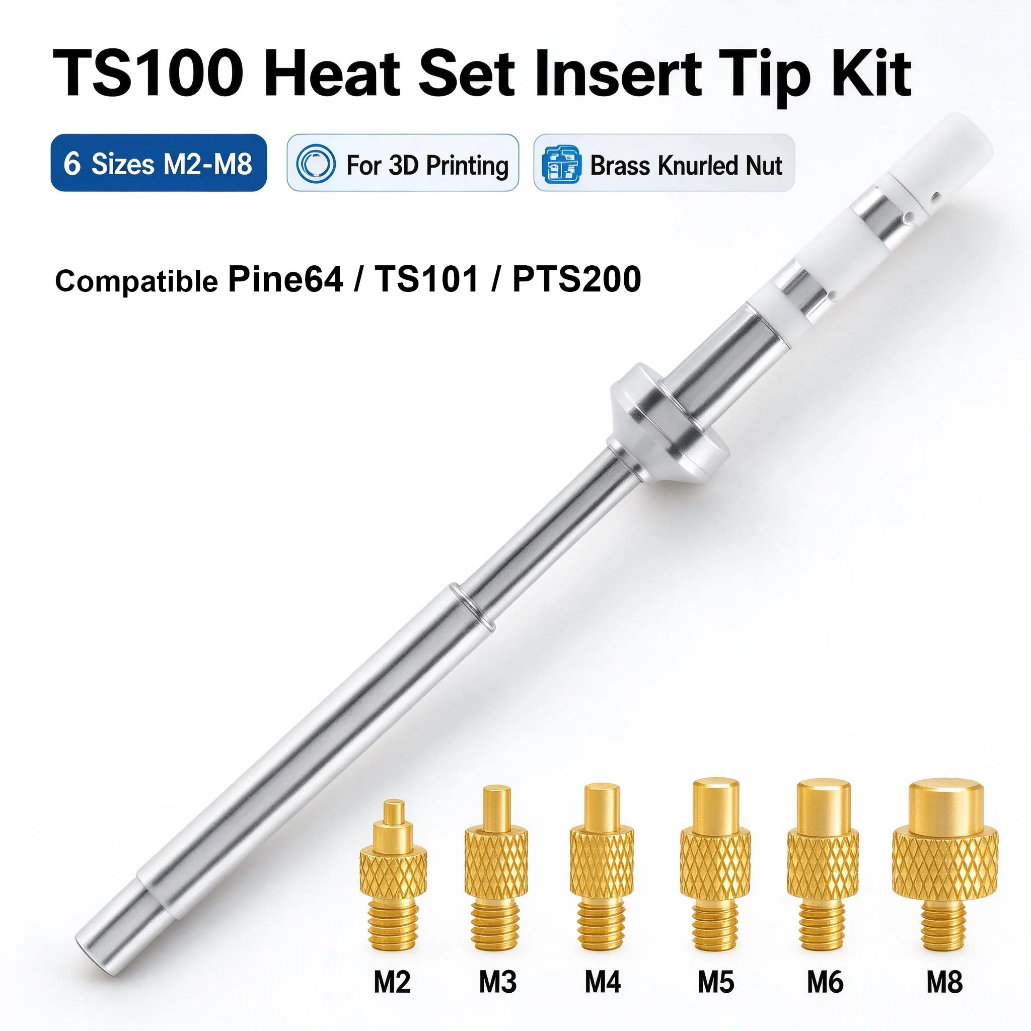 TS100 Soldering Iron Internal Threaded Rod Heat Press Tips Kit Brass Insert Nut Insertion M2 M3 M4 M5 M6 M8 for 3D Printing DIY