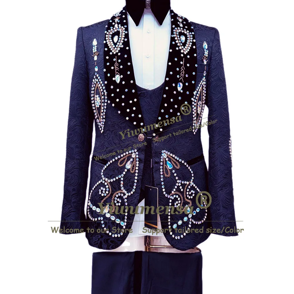 Man Exclusive Tuxedo Suit Velvet Laple Jacquard Prom Blazer Sets Customized Beaded Stones Jacket Vest Pants 3 Piece Groom Tuxedo