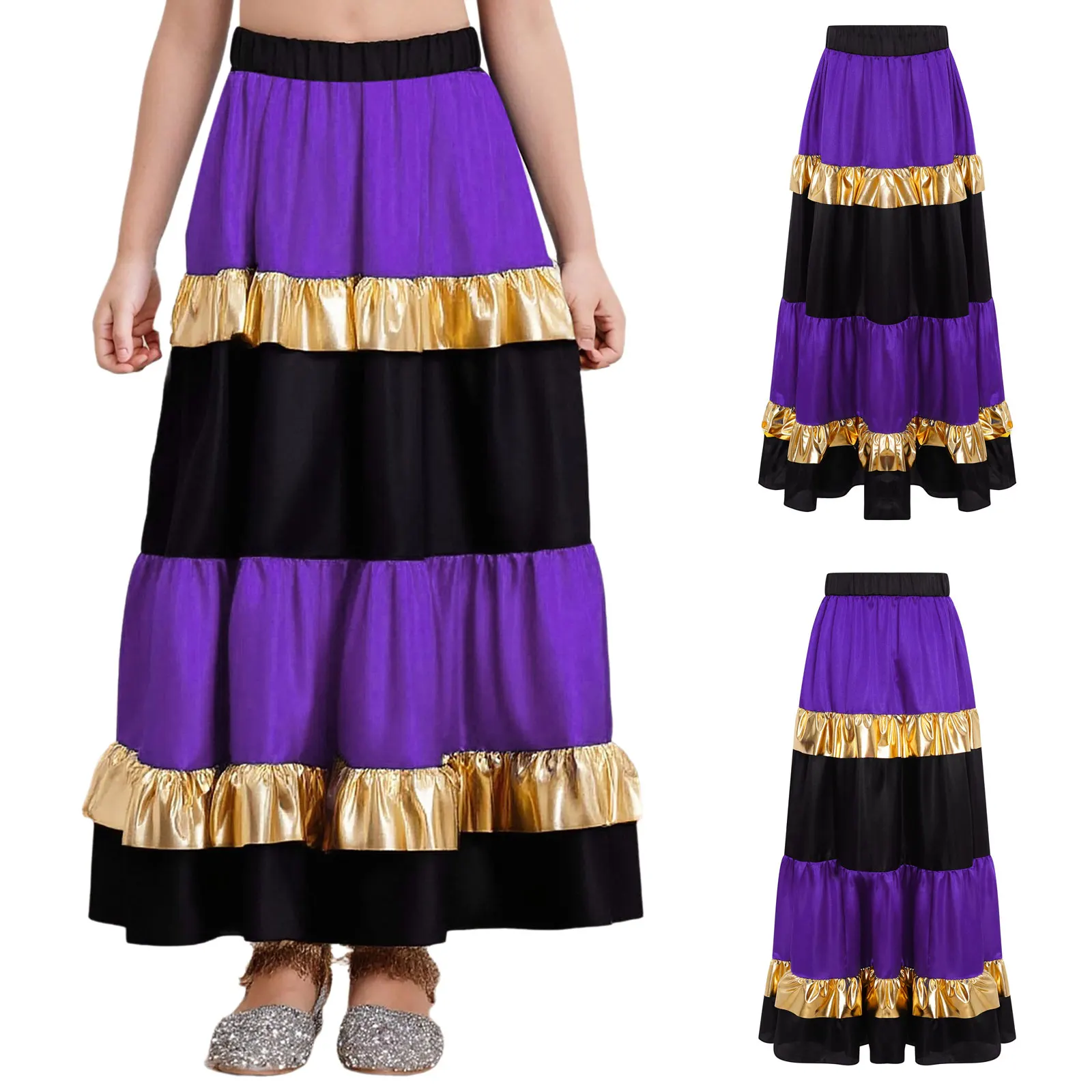 

Girls Elegant Spanish Waltz Skirt Luxurious Satin And Metallic Blend with Big Swing Design Maxi Skirt Flamenco Dance Costume