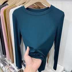 女性のベーシックなラウンドネックTシャツ,長袖,伸縮性のあるトップ,ネジ山,マルチカラー,モノクロ,すべてにマッチするトレンド,カジュアル,オフィス,女性,秋