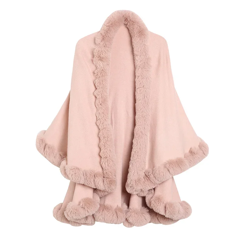 Female Big Pendulum Two Layers Cardigan Coat Women Winter Soild String Faux Fox Fur Collar Out Streetwear Black Poncho Capes