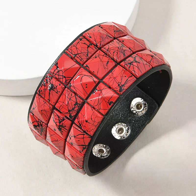 18 Color Punk Hip-Hop Three Rows Of Square Rivets PU Leather Big Wide Bracelet For Male Female Buckle Wristband Vintage Jewelry