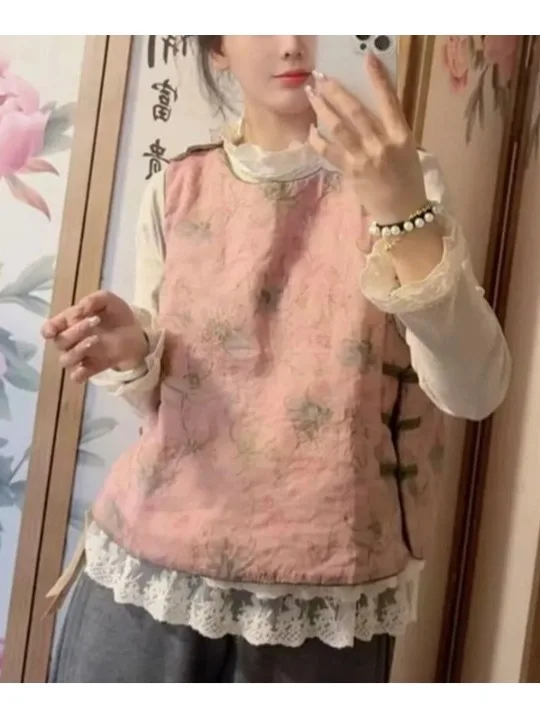 

Thiened Художественный китайский женский жилет Jaet с принтом на пуговицах в национальном стиле, хлопковый жилет на осень-зиму, сезонный модный