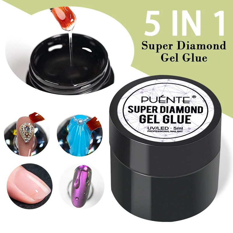 5 In 1 Super Diamond Sticky Gel Glue DIY Nail Art Jewelry Decoration Strong Hold Adhesive Tranparent 5ML No Wipe Gel Nail Polish