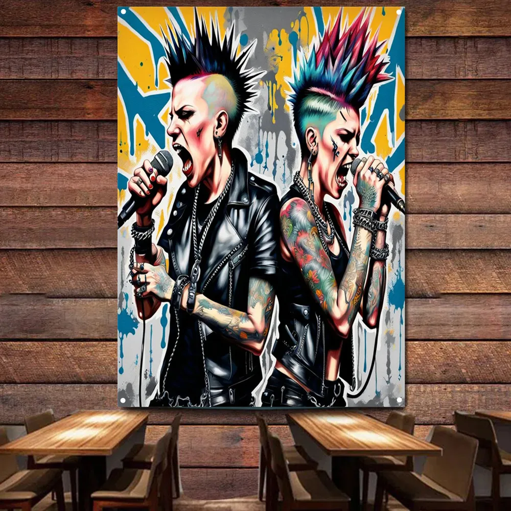 Vintage PUNK Rock Music Flag Banner Polyester, Retro Band Poster Tapestry Wall Art for Man Cave Home Bar Dorm Party Decoration