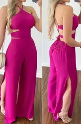 Jumpsuit Women 2024 Summer Fashion Criss Cross Backless Split Hem Tied Detail Halter Sleeveless Casual Plain Daily Long Jumpsuit