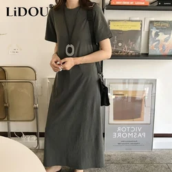 Summer New Solid Color Round Neck Short Sleeve Tshirt Dress Women Fashion Loose Casual Maxi Dresses Korean Style All-match Robe