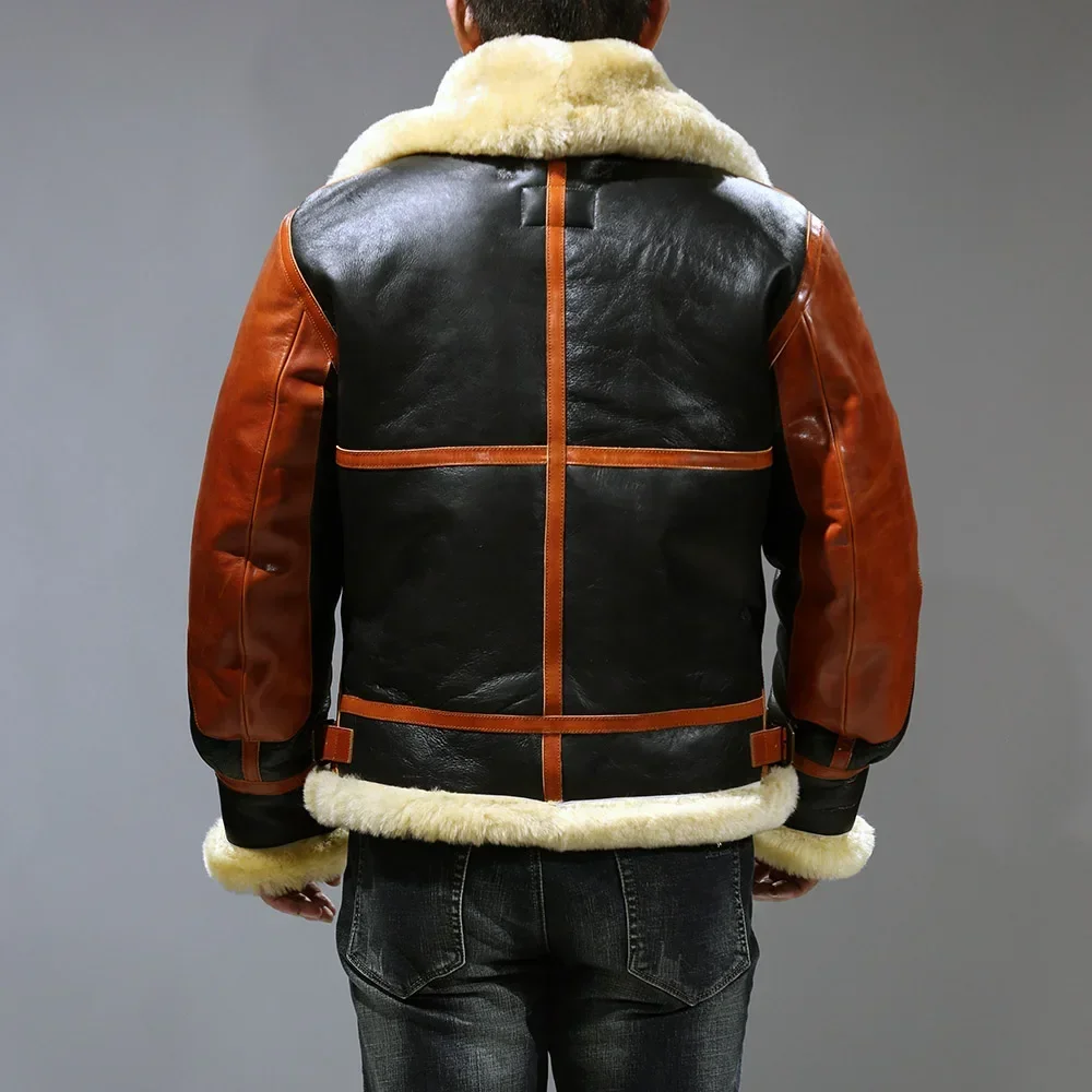 EQ1900 European Size High Quality Super Warm Genuine Sheep Leather Coat Mens Big B3 Shearling Bomber Military Fur Jacket