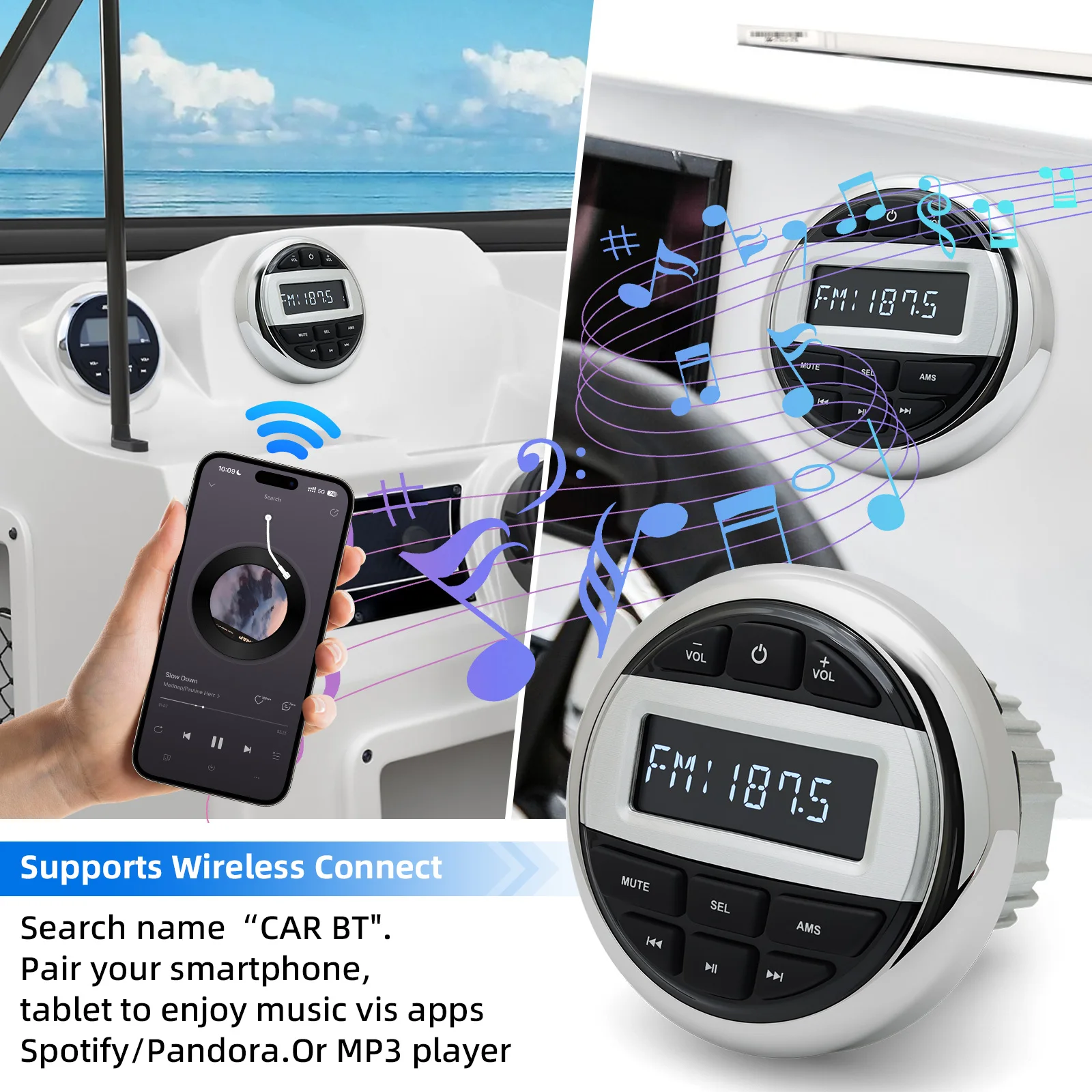 Reproductor de MP3 multimedia para barcos, resistente al agua, estéreo marino, Bluetooth, Audio, Radio, receptor FM AM para barcos, yates, ATV, UTV, coches
