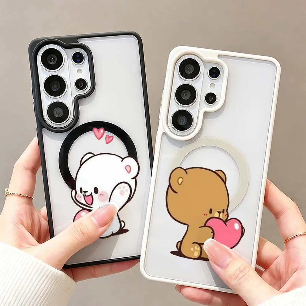 Cute Couple Bear Pattern Phone Case For Samsung Galaxy S26 S25 S24 S23 FE Plus Ultra Wireless Charge Magnetic Magsafe Cover