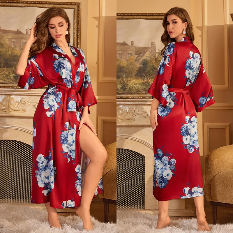 Satin Robes Women Nightwear Flower Home Clothes Intimate Lingerie Casual Kimono Bath Gown Lady Sexy Night Dress Bathrobe Femme