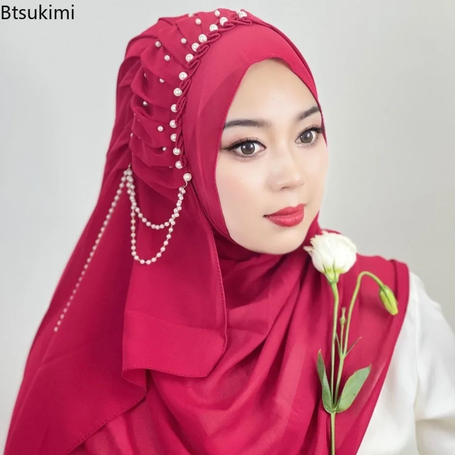 Élégant mousseline de soie Hijabs femmes musulmanes Hijab perle gland conception longue écharpe Turban châles islamique tête enveloppement pour les femmes foulard