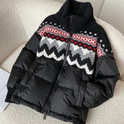 Top Quality 2023 New Winter Black Knitted Collar Geometric Printed Patchwork Puff Down Jacket Coats Women Clothing