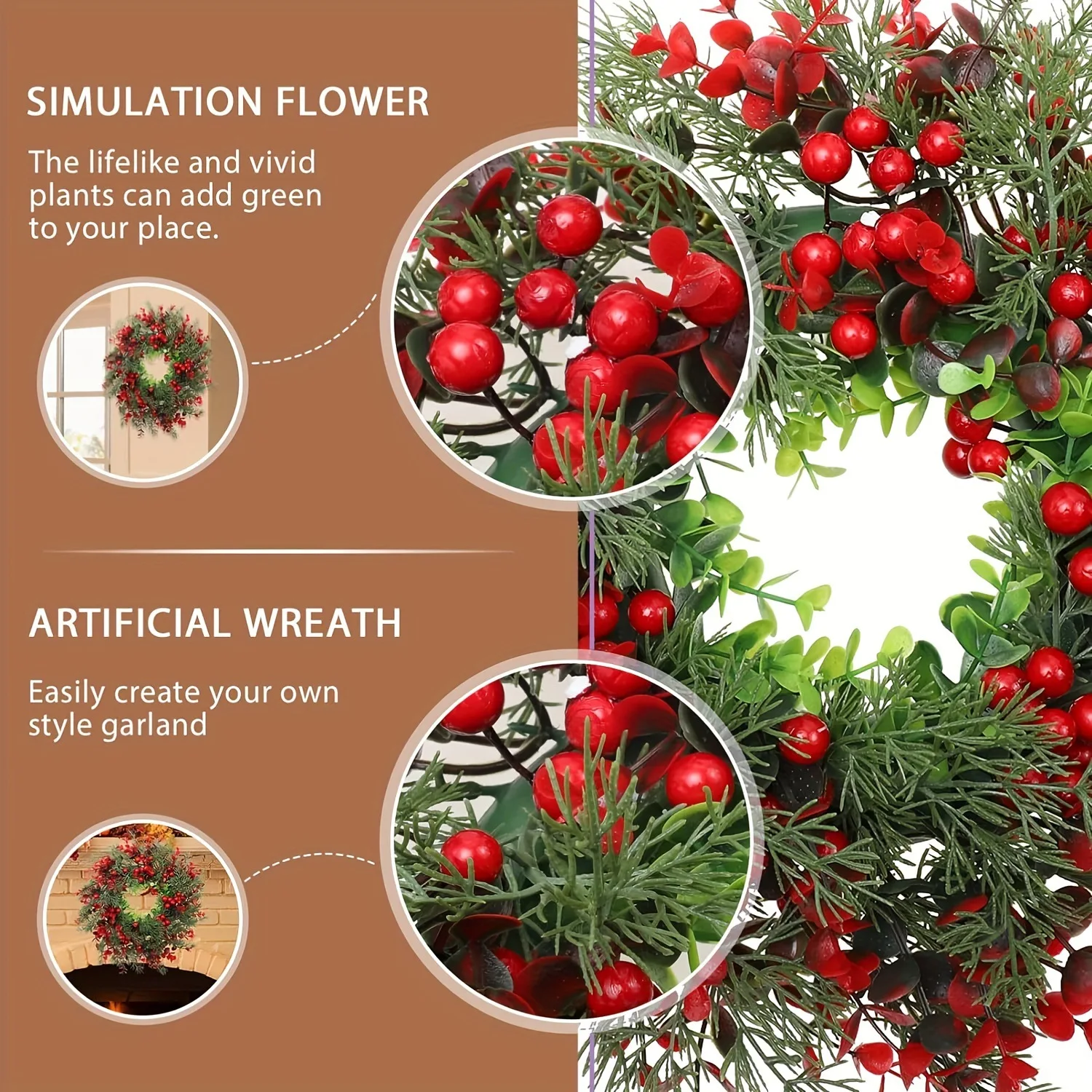 18 Inch Artificial Christmas Wreath Green Pine Leaf Wreath With Big Red Berries For Christmas Front Door Hanging Pendant Decor