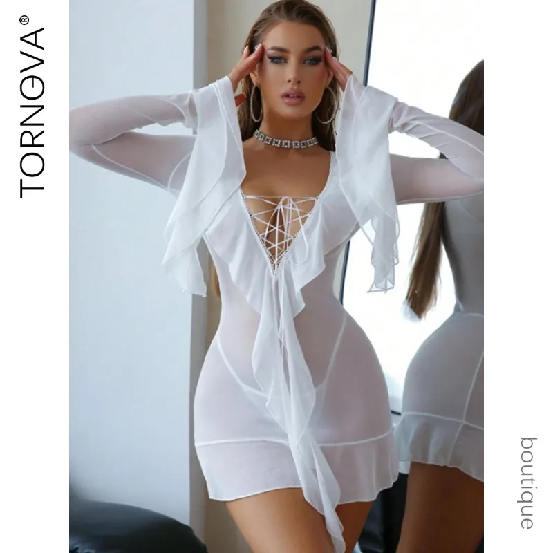 

Tornova Erotic Bodysuit Mesh Hollow Out Long Sleeves One Piece Bodycon Dress Women See-through Pure Desire Elegant Seductive Set