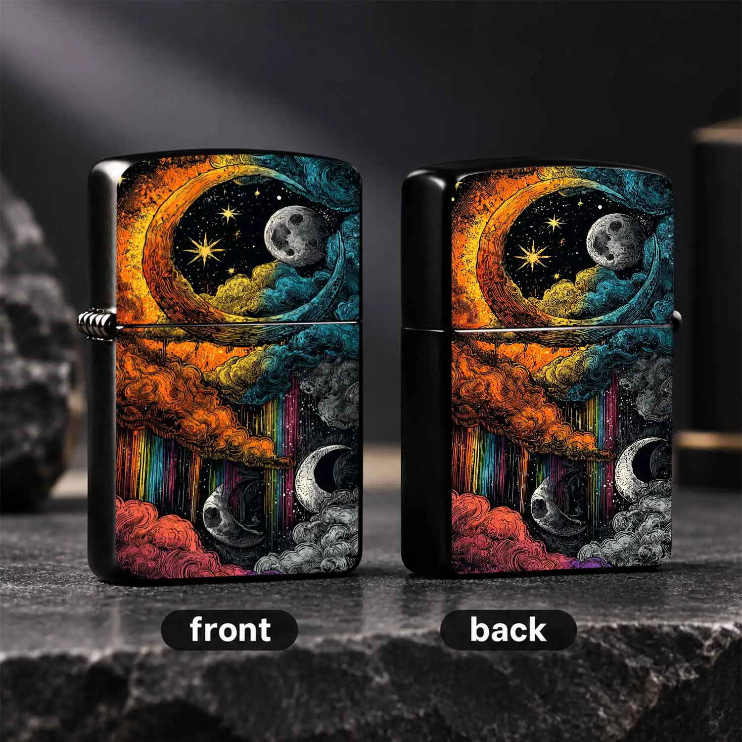 Creative Celestial Crescent Moon Art Lighter, Retro Engraved Style Colorful Cloud Starry Sky Decor Accessory, Unique Trendy Aesthetic Portable Piece, Suitable For All Daily Occasions, Exquisite Novelty Gift For Friends, Artistic Desktop Dis