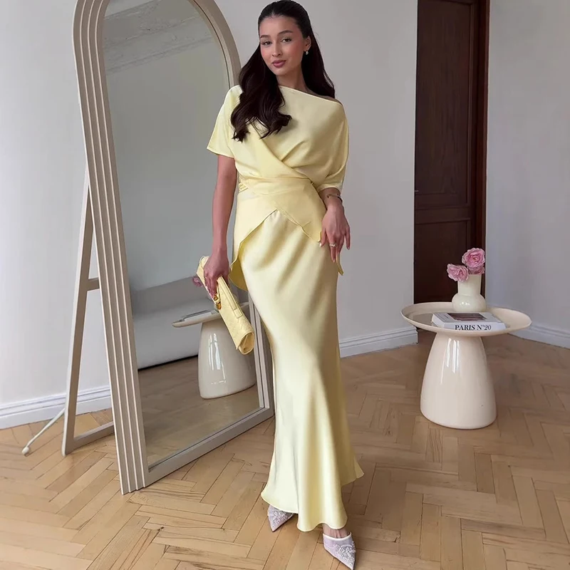 

Ticketsx Yellow Irregular Skirt Set Women's Lace Up Skew Collar Top High Waist Mermaid Skirt Set Lady 2025 Summer Sexy Skirt Set