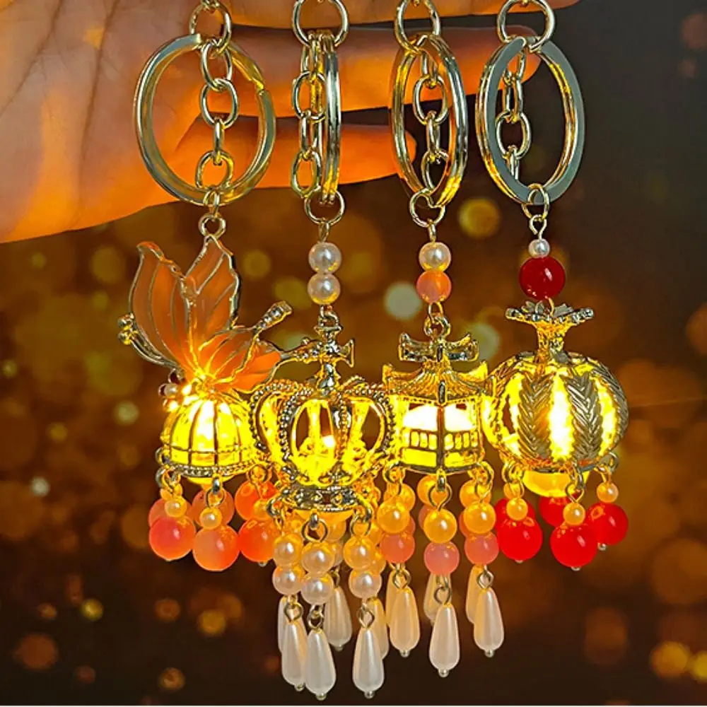 Warning Night Chinese Style Keychain Tassel Pearl Luminous Lantern Keychain Antique Style LED Light Glowing Pendant Bag Charm