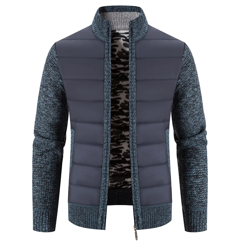 New Autumn Winter Men Jacket Coat Knitting Outewear Patchwork Stand Collar Long Sleeves Warm Zipper Casual Jackets Mens Clothing