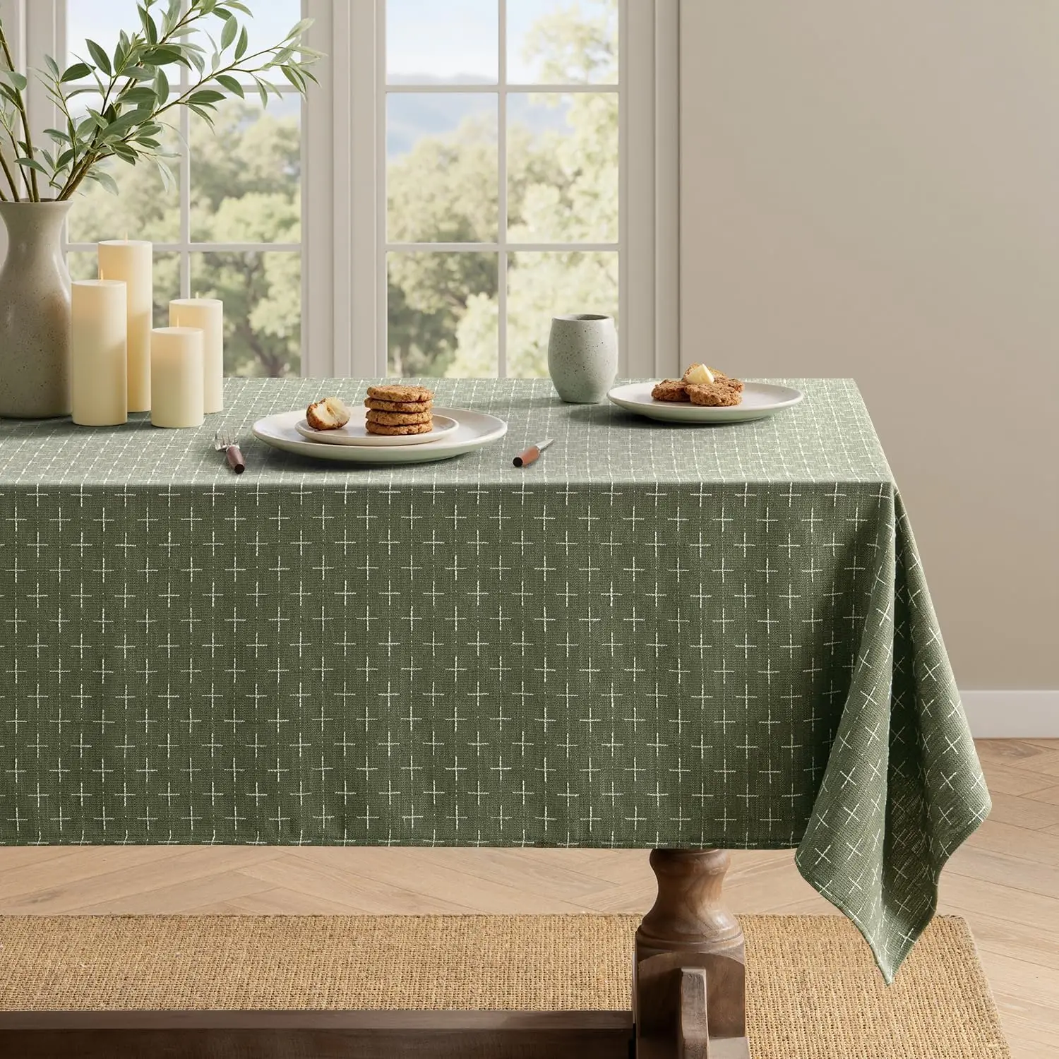 

Olive Green Linen-Look Tablecloth 52"x70" – Textured Crosshatch Farmhouse Table Cover | Spill-Proof & Stain Resistant for Dining