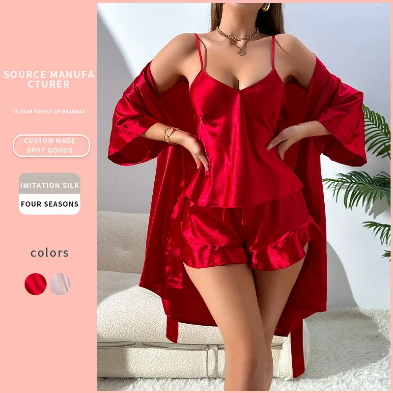 

Fashion Sexy Pajamas Night-robe and Camisole Shorts Three Sets Women Casual Four Seasons Home Clothing Thin Suspender Nightdress