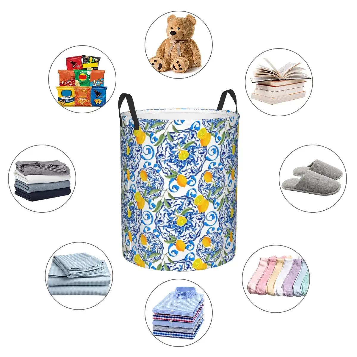 Custom Summer Tropical Fruit Lemon Pattern Laundry Basket Foldable Clothes Hamper for Nursery Kids Toys Storage Bag