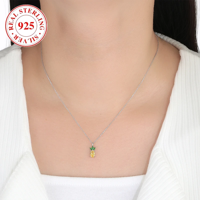 925 Sterling Silver Fruit Series Colorful Zirconia Pineapple Pendant Women's Necklace Hypoallergenic Fashion Women's Jewelry