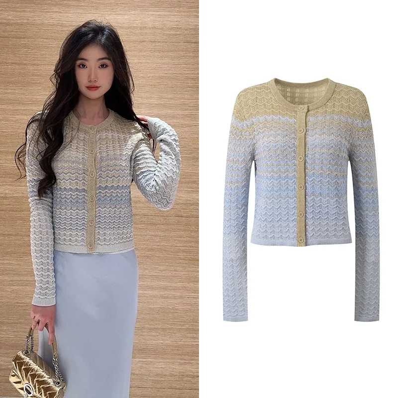 Spring 2024 adient Color Wave Pattern Knitted Single Button round Ne Open Cardigan Versatile Ele Top Commute Sle